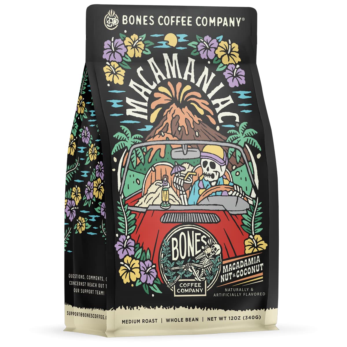 Bones Coffee Company Macamaniac, Macadamia and Coconut Flavored Coffee, Medium Roast Low Acid Arabica Beans Compatible with Auto drip and French Press Coffee Maker, 12 Oz Ground