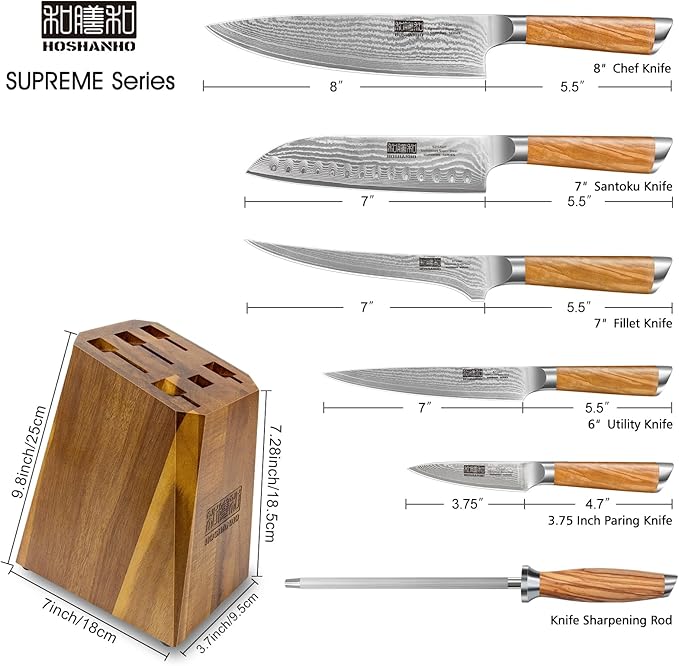 HOSHANHO Damascus Knife Block Set 7PCS, Sharp Kitchen Knives with Sharpener