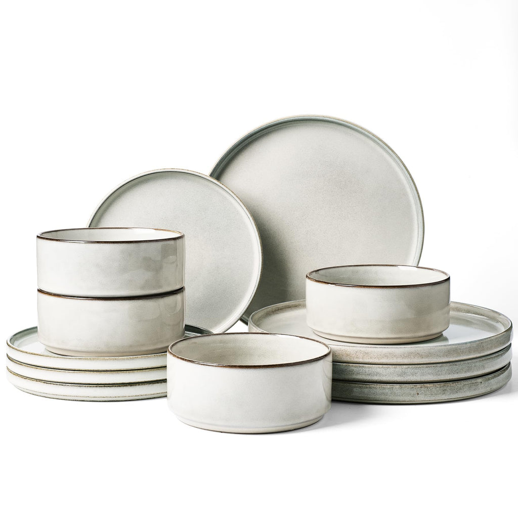 Famiware Annecy 12-Piece Stoneware Dinnerware Set, Grey White