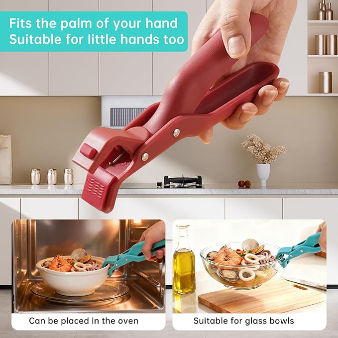 2Pc Hot Plate Gripper Tongs, Silicone Non-Slip Kitchen Utensil, Heat Insulation Anti-Scald Bowl Holder Clip for Cooking (Green + Green)