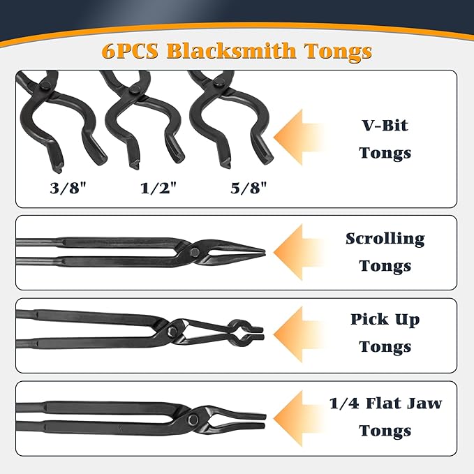 V-SEK Blacksmith Tong - 3/8" 1/2" 5/8" V-Bit, 1/4 Flat Jaw, Pick Up, Scroll