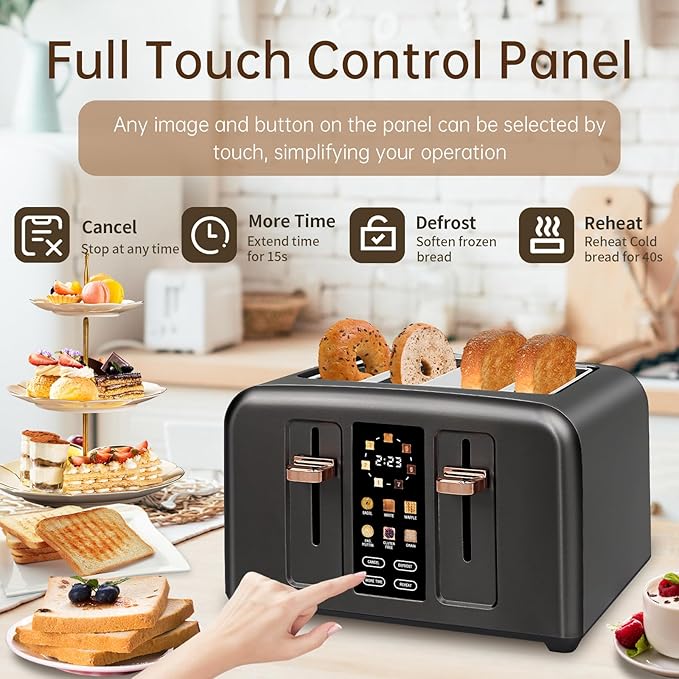 SEEDEEM Touchscreen Toaster 4 Slice, 7 Shade, Stainless, 1800W Dark Metallic