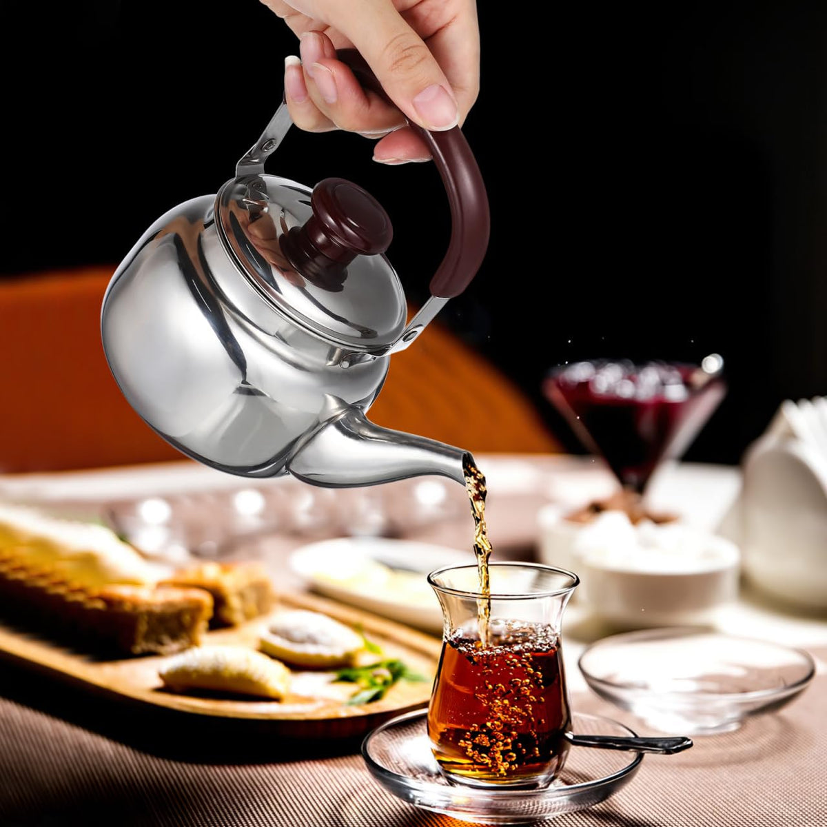 LIFKOME Traditional Stainless Steel Heavy Duty Tea Kettle With Sandwich Bottom and Specialty Cool Touch Handling Mirror Finish Stainless Steel Whistling Tea Kettle Stove Top