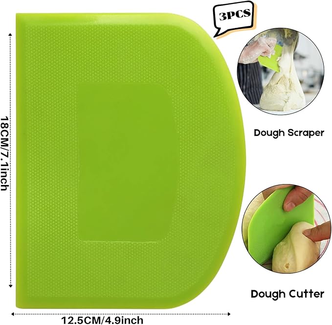 SURDOCA Dough Scraper Bench Scraper - 3P 7.1x4.9" Plastic Flexible Bowl Scraper, Sharp Edge & Angles Cake Scraper. Non-Slip Bakeware Decorating Tools Sculpting & Modeling Tools - Green+Blue+Green