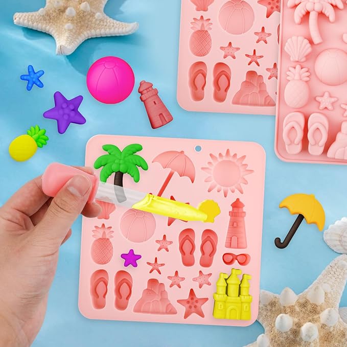 2 Pcs Summer Beach Theme Silicone Molds with 2 Droppers and 1 Brush, Silicone Pineapple Castle Sun Starfish Shell Chocolate Candy Mold for Summer Party Marine Baking Mold