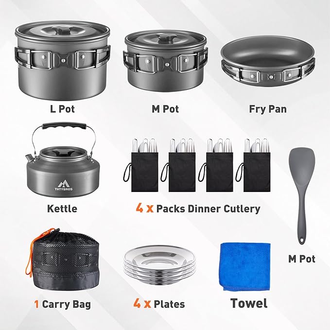27pcs Camping Cooking set for 2-4 People, Portable Cookware Set with Kettle, Pots & Pans, Stainless Steel Utensils, Plates, Dishware for Backpacking, Picnic, Outdoor Adventures