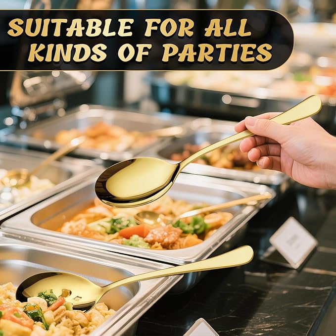 Keyoxy 6 Piece Stainless Steel Serving Spoon Set - 3 Large, 3 Slotted,Dishwasher Safe,10-Inch,Gold, for Parties/Kitchen/Buffet/Catering