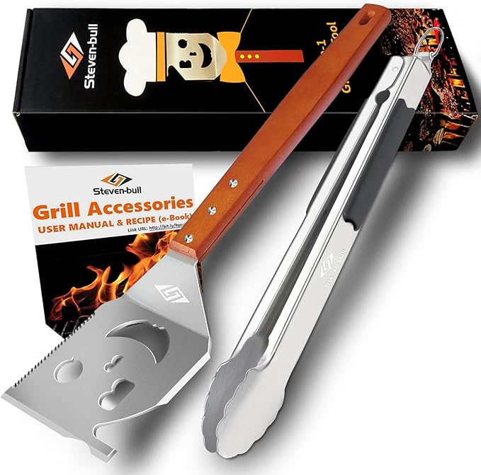 STEVEN-BULL S Heavy Duty BBQ Grill Tongs and Spatula for Outdoor Grill, 17” Long 5-in-1 Grill Spatula Comes with an 16” Long Locking Kitch Tongs, Best BBQ Gifts for Barbecue Grilling Master