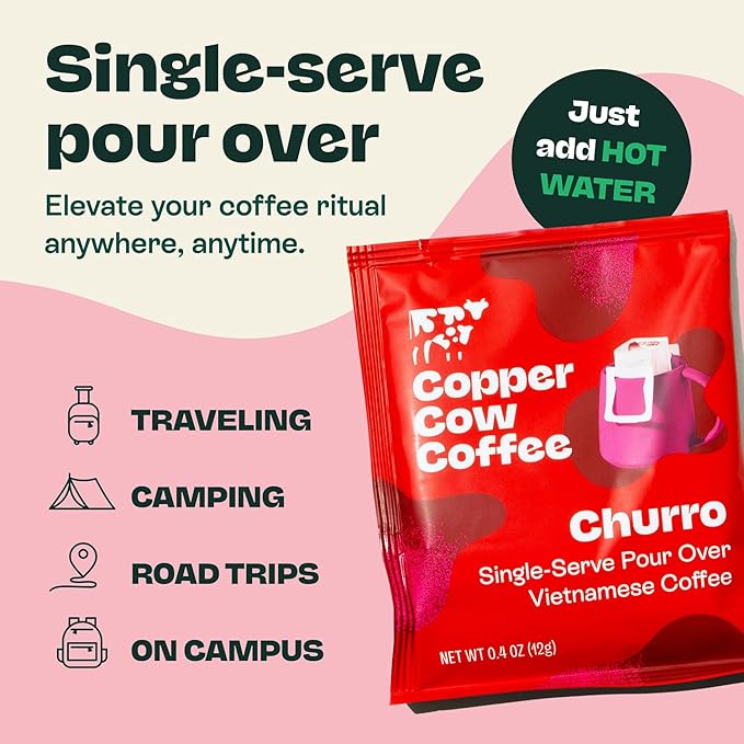 Copper Cow Coffee Premium Pour Over Single-Serve Vietnamese Coffee Pouches (24 pack) | Churro | Dark Roast | Flavored with Real Cinnamon | Convenient Vietnamese Ground Coffee Packets, Travel Friendly