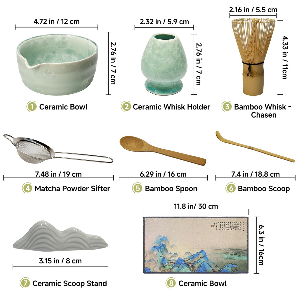 Matcha Whisk Set with Ceramic Bowl - Bamboo Whisk (Chasen), Scoop, Sifter & Holder - Complete Kit for Traditional Matcha Tea - Unique Gifts for Women, Men, Tea Lovers (Matcha Crystal)