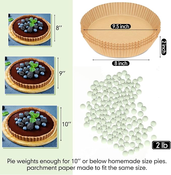1 Pack 2 lb Light Green Pie Weights for Baking Crust Reusable Ceramic Blind Baking Beans Stoneware with 50 Pcs Disposable Parchment Paper Pie Liner Fit 8, 9, 10 Inch Dish with Storage Bottle and Bag