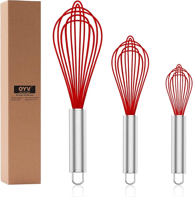 OYV Red Silicone Whisk Set of 3, 8/10/12 Inch, for Cooking Non-Scratch