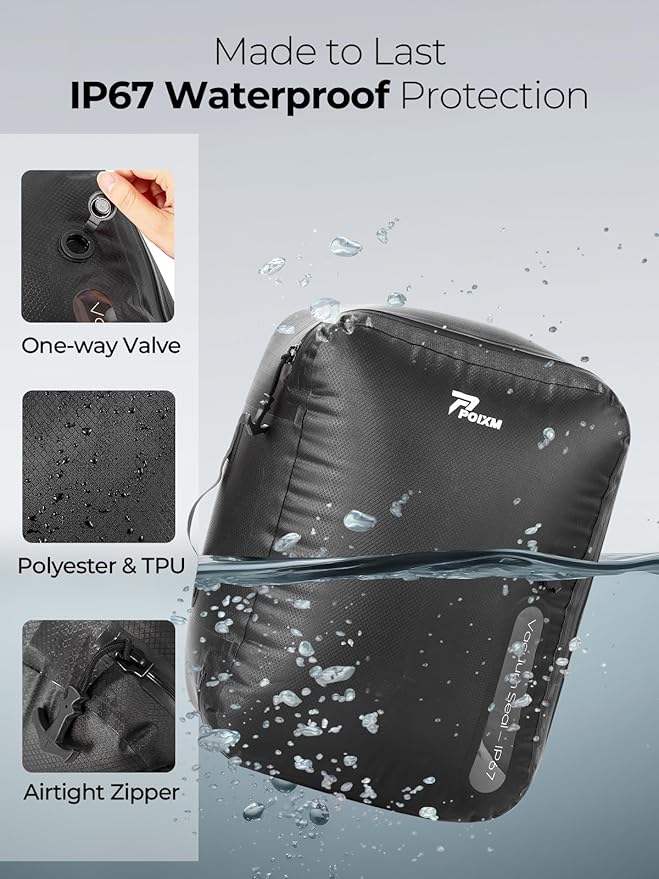 POIXM Vacuum Bags for Travel with Wireless Pump, 180° Open Zipper, IP67 Waterproof, Reusable Space Saver Compression Bags for Backpack, Suitcase, Home Storage(2 Pack + Pump)