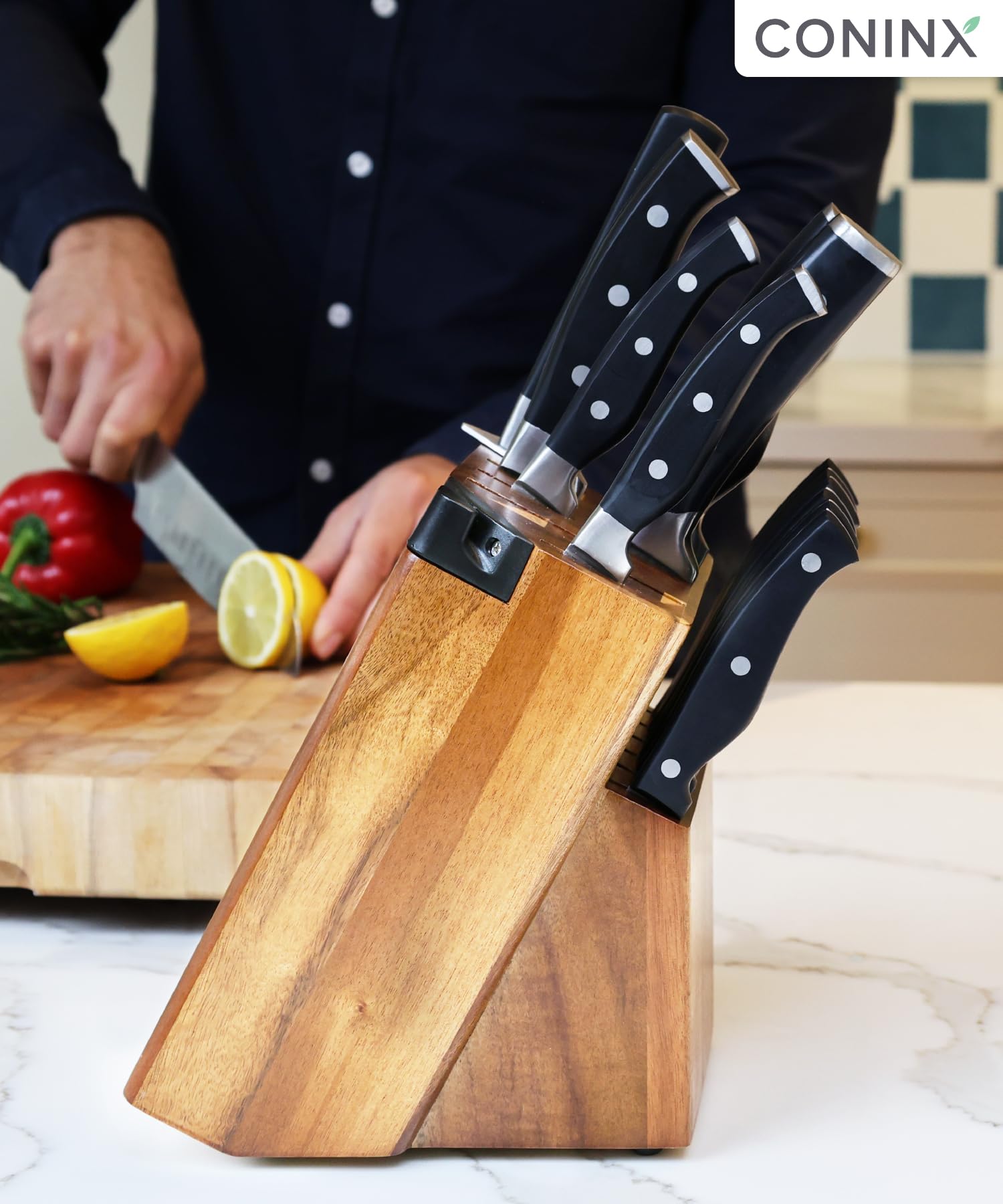 Coninx Knife Block with Built-In Sharpener – 15 Slot Acacia Wood Knife Holder for Kitchen Counter – Non-Slip Wooden Knife Organizer Stand for Chef & Bread Knives