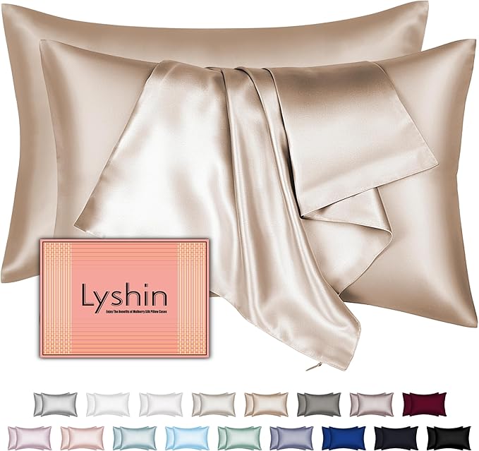 LYSHIN Silk Pillow Cases 2 Pack Standard Size with Zipper, Champagne