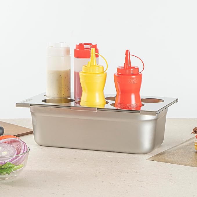 Restaurantware Squeeze Bottle Holder - 1 Count 12.795 x 7.087 x 0.394 Inches Stainless Steel Condiment Organizer - Durable Seven-Hole Pan Top Holder - Silver