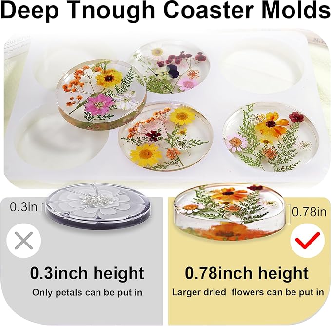 Sjubaopen Deep Round Resin Coaster Molds, 6 Cavity Thicken Round Silicone Coaster Molds for Epoxy Resin, DIY Crafts, Bouquet Preservation,Home Decoration