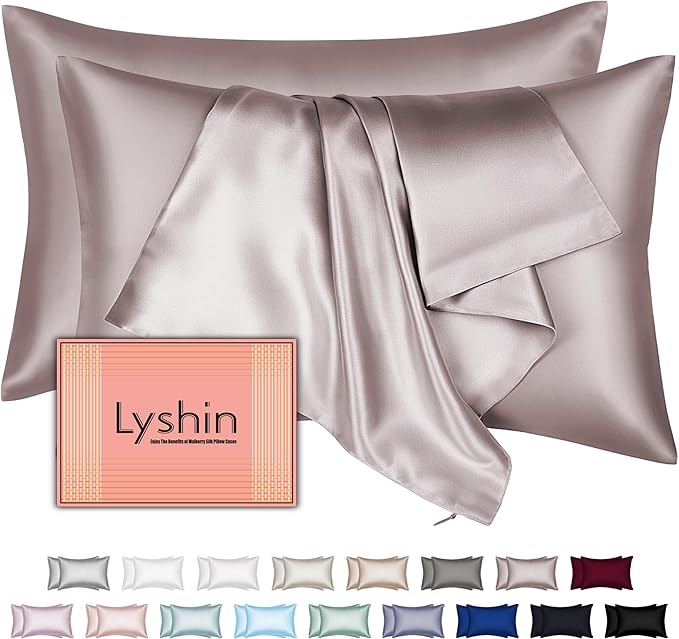 Silk Pillow Cases 2 Pack Standard Size with Hidden Zipper, Mulberry Silk Pillowcase for Hair and Skin, Smooth and Soft Breathable Cooling Silk Satin Pillowcase Set of 2, Gifts for Women，Taupe
