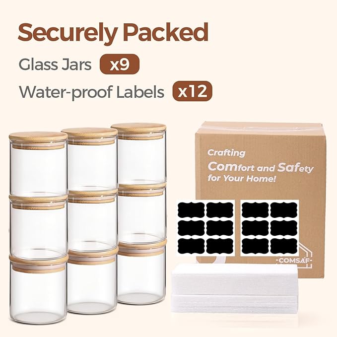 ComSaf Glass Storage Containers With Lids 0.6 Qt, 9 Pack Small Glass Jars