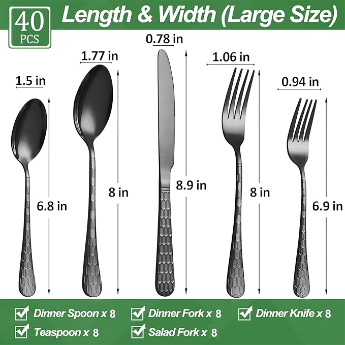 40 Pcs Black Silverware Set for 8, Food Grade Stainless Steel Flatware Set, Eating Utensils Sets Include Fork/Knife/Spoon, Reusable Cutlery Set for Home Kitchen, Dishwasher Safe, Round Hammered