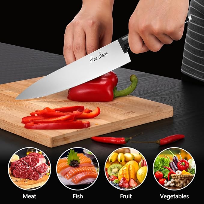 HueEase Knife Set,6-Piece Kitchen Knife for Home Use, Sharp Knife Set with Natural Acacia Wood Knife Block, Germen Steel Wood Handle Kitchen Knife Block Set, Ergonomical Design ((Ink-black))