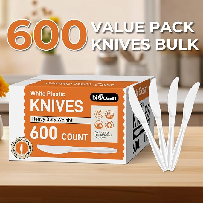 600Pack Disposable Plastic Knives Bulk White Heavy Duty Plastic Knives