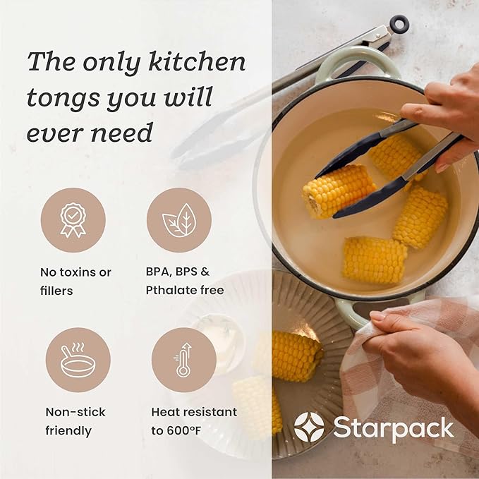 Starpack Get a Grip Silicone Kitchen Tongs (2-Pack, 9" + 12") - LFGB Non Toxic, 600°F Heat Resistant, BPA-Free - Heavy-Duty Stainless Steel, Locking - Dishwasher Safe for Nonstick Cookware
