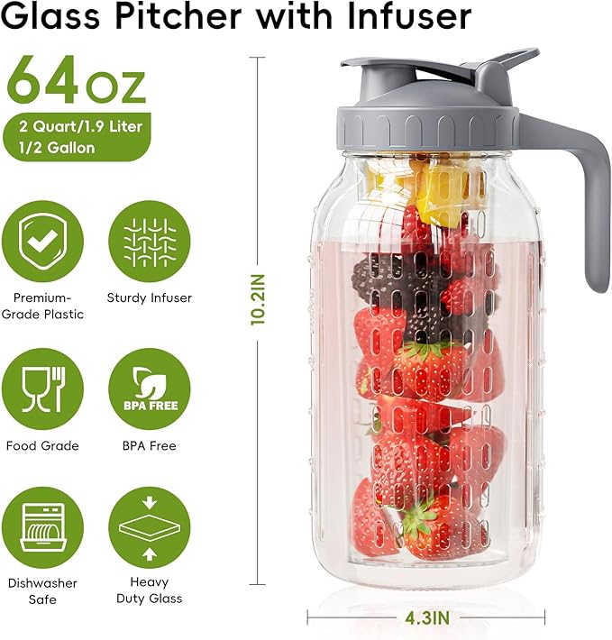 JunVpic Glass Mason Jar Pitcher, 64 oz Wide Mouth Jug