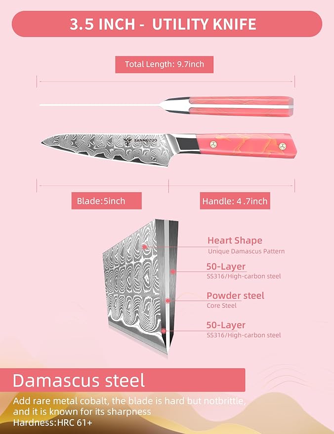 SANMUZUO Kitchen Utility Knife 5 Inch, Professional Kitchen Chef Knife, Ultra Sharp Damascus Powder Steel with Full-tang Resin Handle, SHENG Series