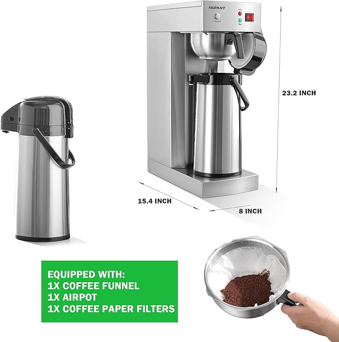 NUPANT Auto-Filling Commercial Airpot Coffee Brewer 2.2L/74oz Dirp Coffee Maker Machine with 24 Hours Hot Thermal Carafe Stainless Steel Pour Over Coffee Dispenser 120V/1450W for Restaurant Office