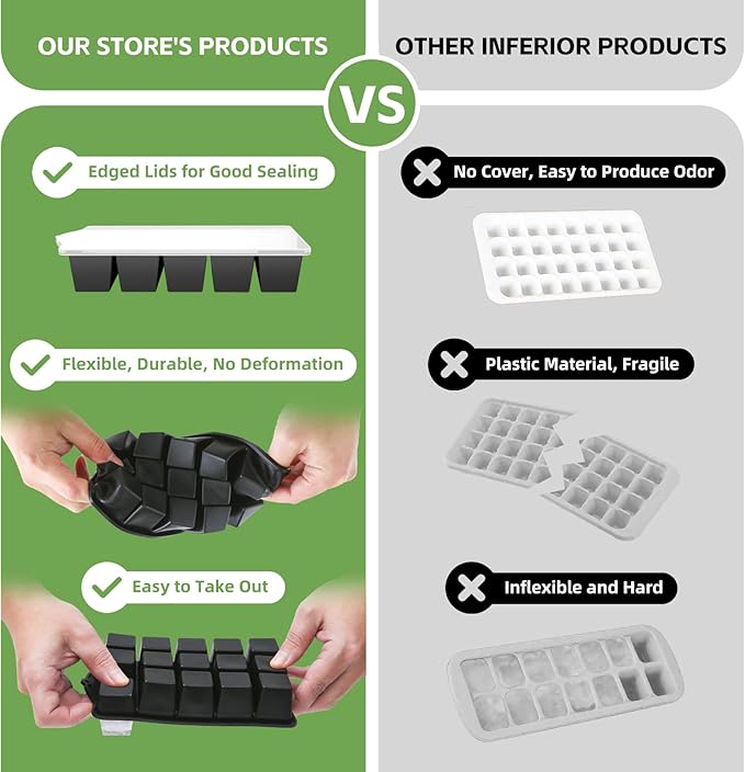 FANYITY Silicone Ice Cube Tray with Lid, Black, Pack of 2 Ice Cube Moulds, Silicone Mould, BPA-Free, Stackable Ice Cube Tray, Ice Cube Trays for Baby Porridge, Cocktail, Whiskey, Coffee