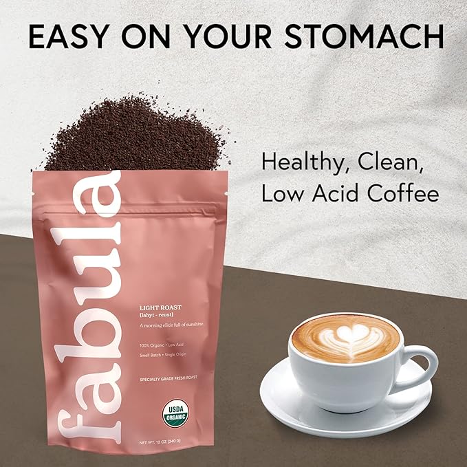 Fabula Coffee Light Roast Freshly Ground - Organic - Low Acid - Single Origin - Non-GMO - Mold Free - 12 Ounces