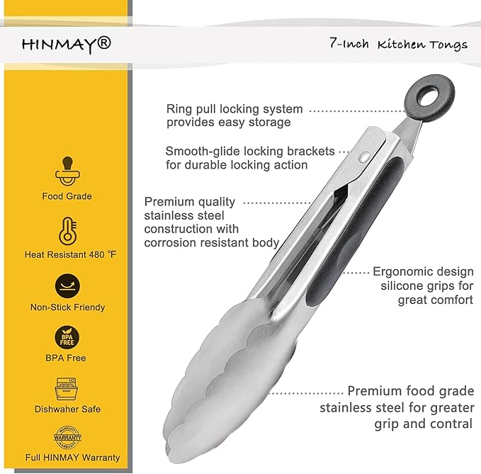 HINMAY Small Stainless Steel Serving Tongs 7-Inch Mini Food Tongs, Set of 3