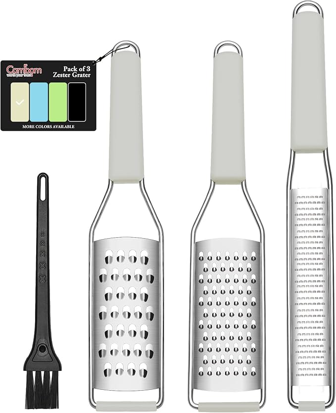 Cambom Cheese Grater Citrus Zester Lemon Zester Pack of 3-304 Stainless Steel - A Sharp Tool for Parmesan Cheese, Ginger, Garlic, Nutmeg, Chocolate, Vegetables，Fruits，Dishwasher Safe Clear