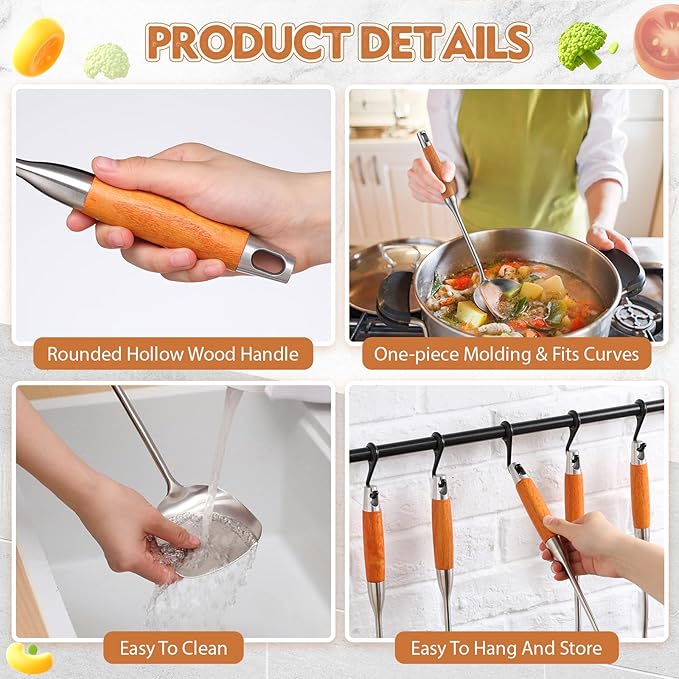 Teenyyou 9 Pcs 304 Stainless Steel Utensils Set with Wood Handle Metal Cooking Tool Spatula, Solid Spoon, Slotted Spoon, Fork, Ladle, Skimmer, Slotted Spatula Spaghetti(brown,wooden)