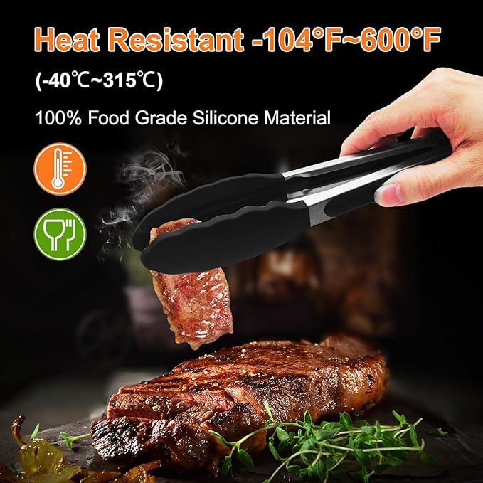 JIDSPWLS Premium Stainless Steel Heat Resistant Kitchen Tongs for cooking,set of 7"+9"+12" (Black),Non Scratch Silicone cooking Tong Tip for Cooking Pans,Strong Grip BBQ tongs for Grabbing Hot Food