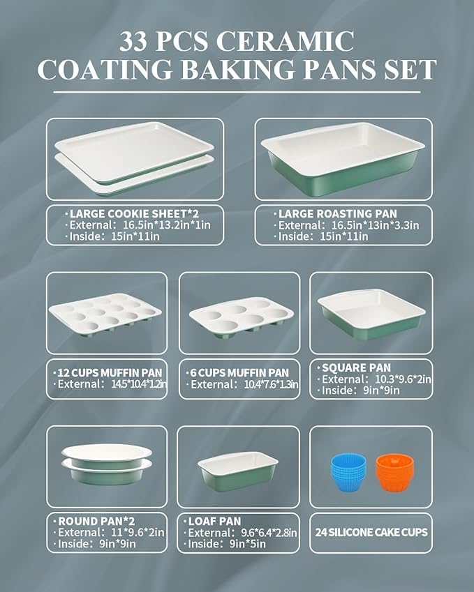 Ymiton Ceramic Nonstick Baking Pans Set, Non Toxic 33 PCS Stackable Bakeware Sets, 550°F Oven Safe Baking Sheet & Pans, Warp-Free, Dishwasher Safe, PTFE/PFOA/PFOS-Free (Green)