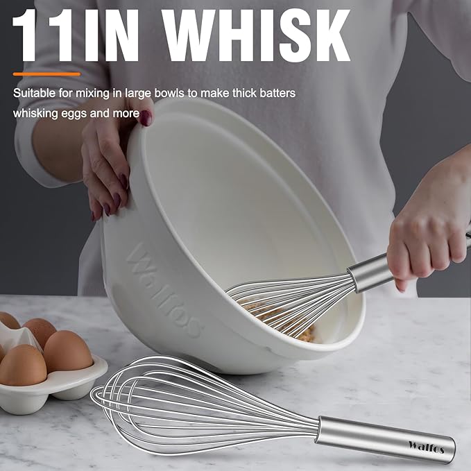 Walfos Whisk,304 Stainless Steel whisk,No-Rust 7+9+11inch Whisks for cooking Nice for Blending,Whisking,Beating.Heat resistant 600°F Dishwasher Safe. Heavy duty kitchen whisk.SILVER