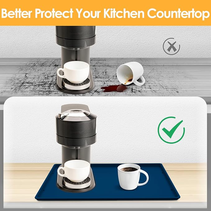 Silicone Coffee Maker Mat with Lip for Countertops, 19.7'' x 15'' Navy Blue