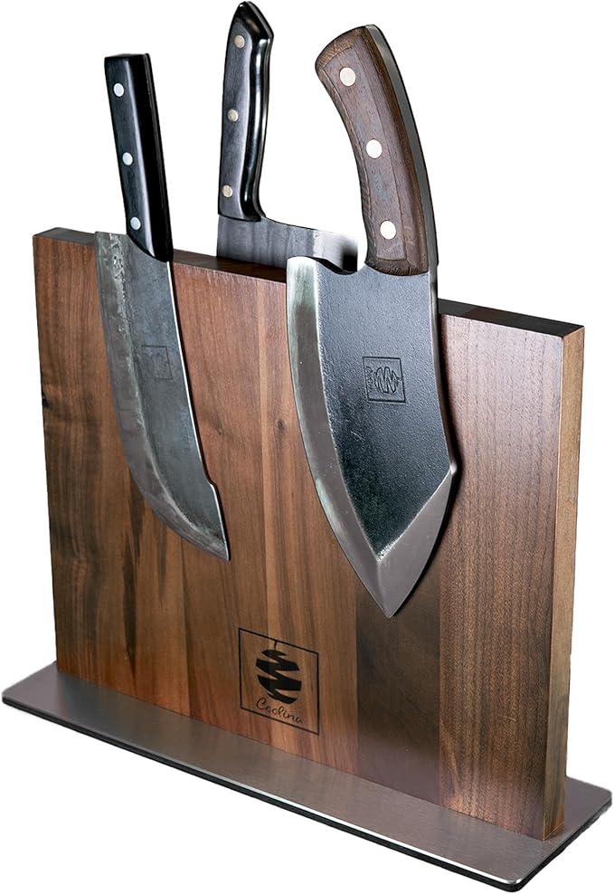 COOLINA Walnut Magnetic Knife Holder, Knife Block Stand with Steel Base