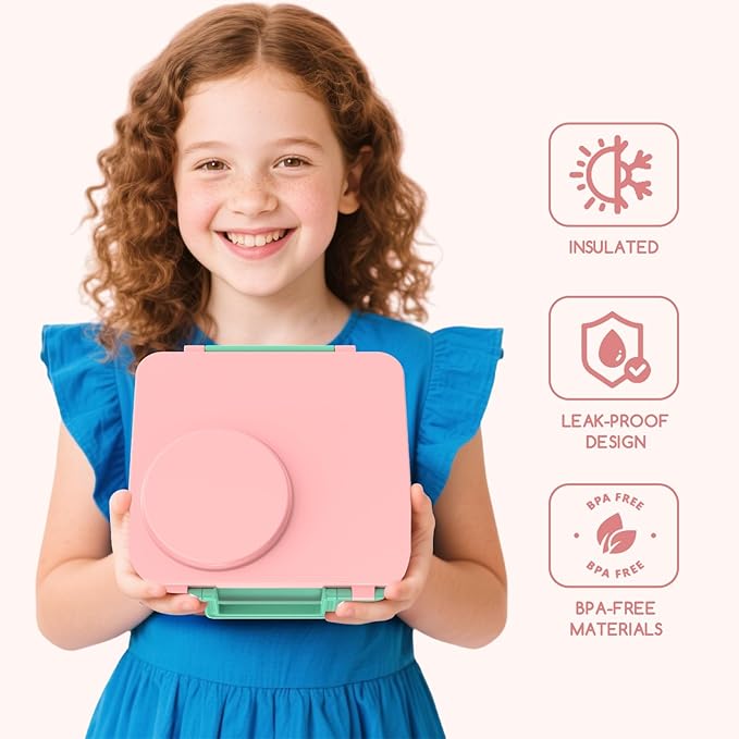 JoyYum Bento Box for Kids - Leak-Proof Bento Lunch Box with Insulated Thermo Food Jar - 4 Compartments, 1 Removable Divider, 1 Spoon, 1 Fork - Dishwasher Safe, BPA-Free (Light pink)