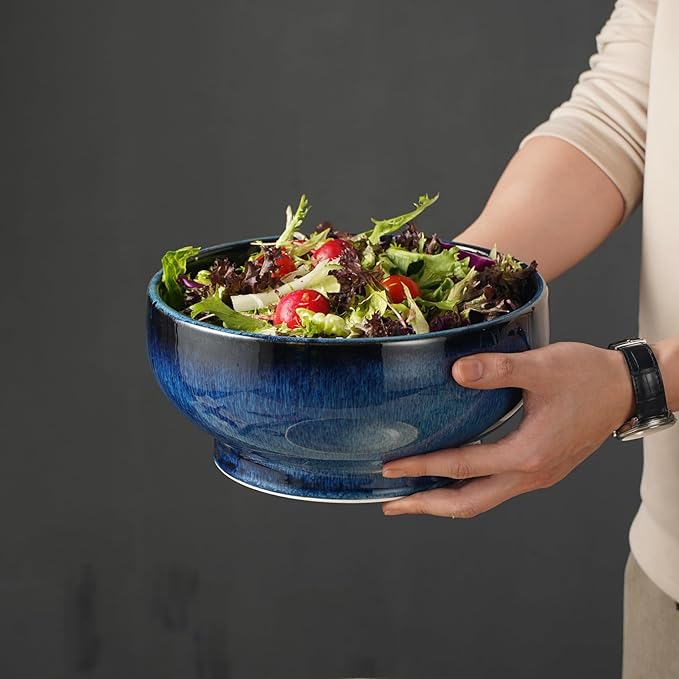 STE-CER Extra Large Salad Bowl,Decorative Fruit Bowl,Kitchen Ceramic Bowl for Fruit & Salad,120 oz Footed Serving Bowl for Entertaining (starry blue)