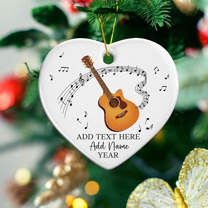 Customized Guitar Christmas Ceramic Ornaments, 2026 Christmas Ornament Gift for Guitarist Teacher, Personalized Guitar Player Xmas Ornament with Text Name & Year, Instrument Xmas Tree Decor
