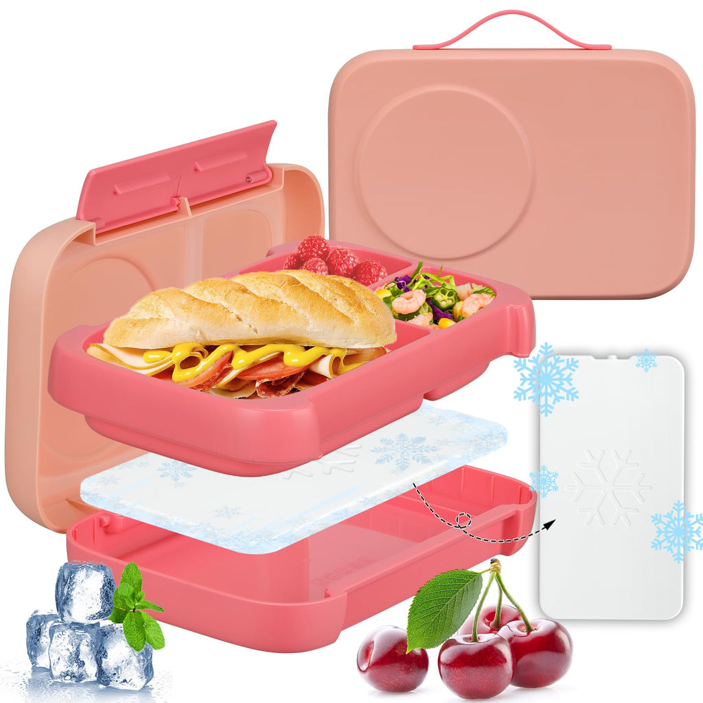 JXXM Bento Box for Kids,Kids Bento Lunch Box with Built-in Ice Pack for School,3 Compartments Leak Proof Lunch Container with Utensils for Girl Boy;BPA Free,Microwave & Dishwasher Safe, 44oz(Pink)