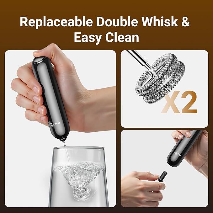 InstaWhisk Milk Frother with Variable Speed, Battery Operated Handheld Coffee Foam Frother Wand, Electric Drink Mixer with Stand & Detachable Double Whisk, Stainless Stirrer for Latte, Matcha, Protein