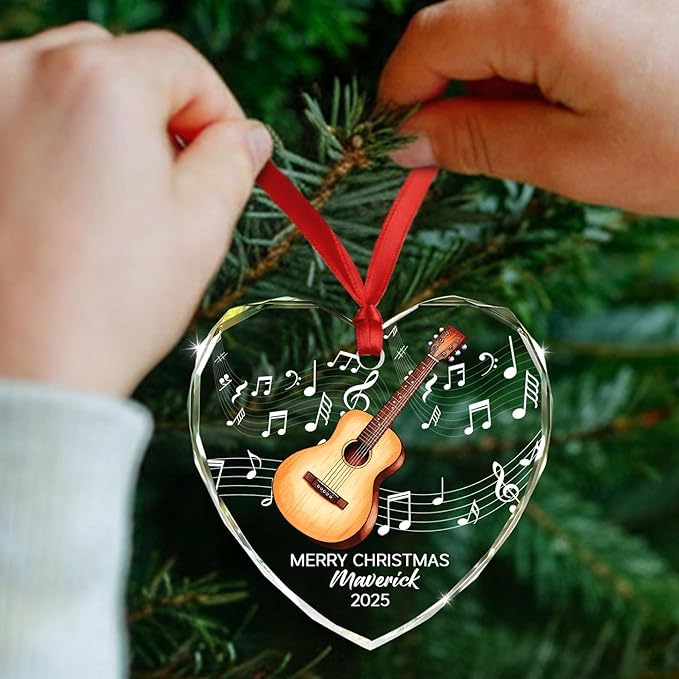 Personalized Guitar Glass Christmas Ornament 2026, Customized Text Year Name Keepsake Ornaments Gift for Guitarist Brother Sister Dad Mom Kids, Unique Guitar Musical Instrument Glass Xmas Ornament