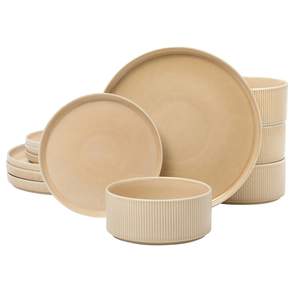 Gibson Elite Solana Coast 12 Piece Stoneware Reactive Glaze (Service for 4) Ceramic Plates and Bowls Modern Shape Embossed Dinnerware Set - Terracotta Orange