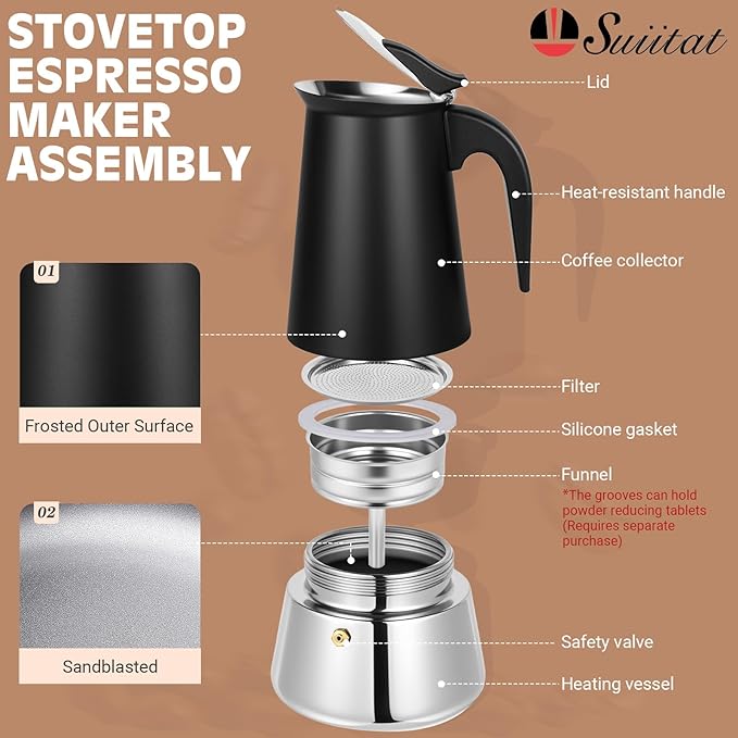 Suiitat 9 Cup Stainless Steel Moka Pot, 450ml Stovetop Espresso Maker, Black