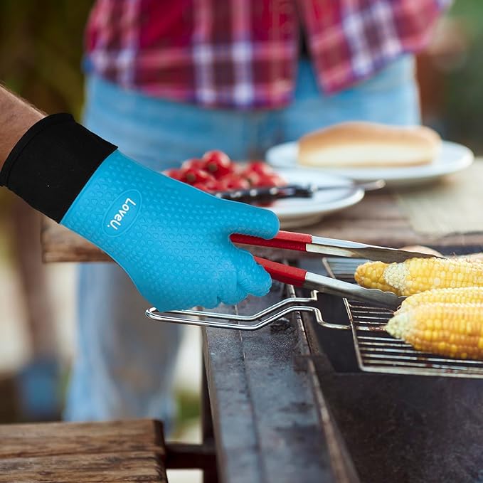 Loveuing Kitchen Oven Gloves - Dual-Layer Heat Resistant Grilling Gloves, Silicone Oven Mitts with 5 Fingers, Waterproof Non-Slip Pot Holder for Barbecue, Cooking, Baking (Small, Blue Long)