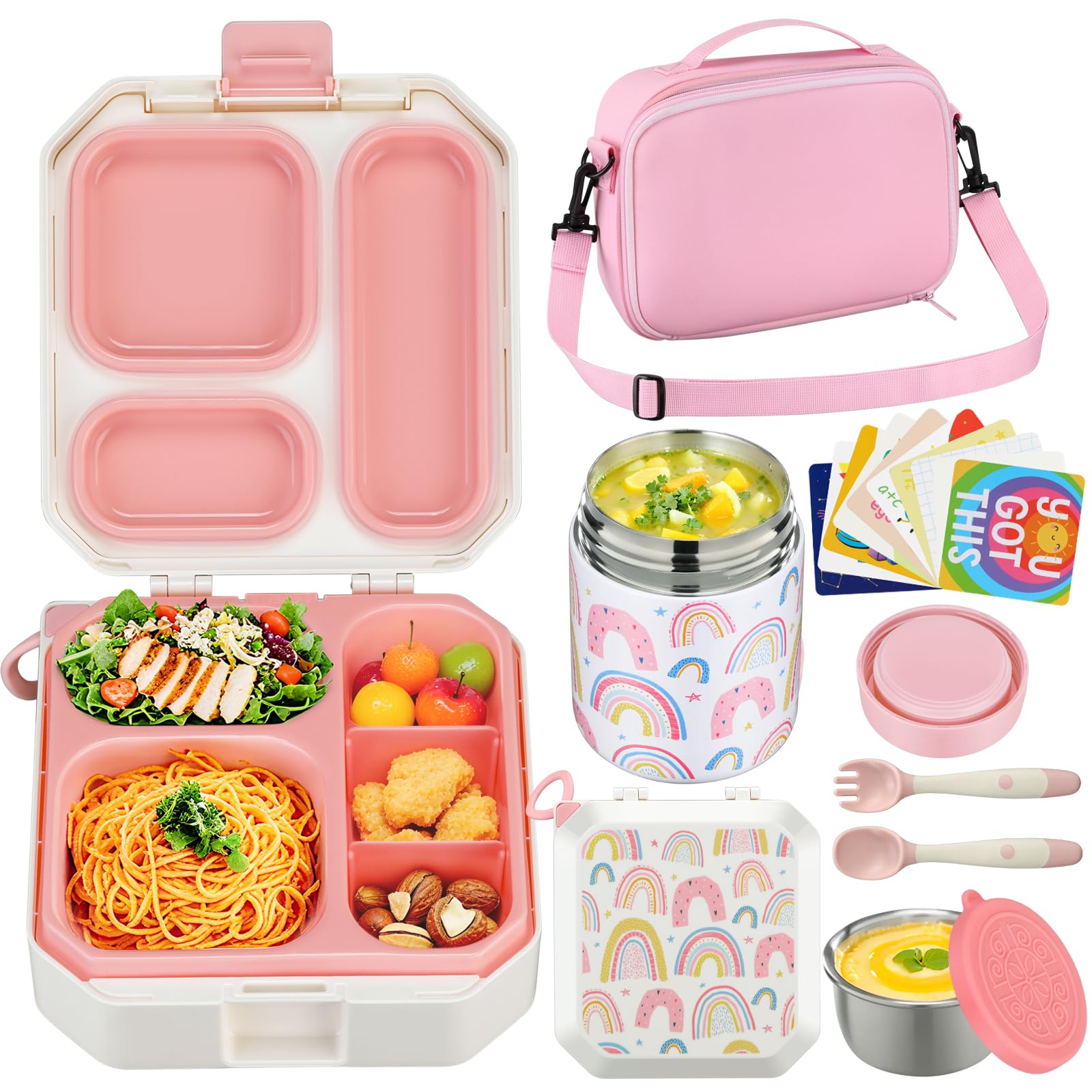 Itslife Bento Lunch Box Set for Kids with 12oz Soup Thermo&Lunch Bag, Leak-Proof Lunch Food Containers for Kids School, 5 Compartment, Sauce Cup, 10 Notes (Rainbow White)